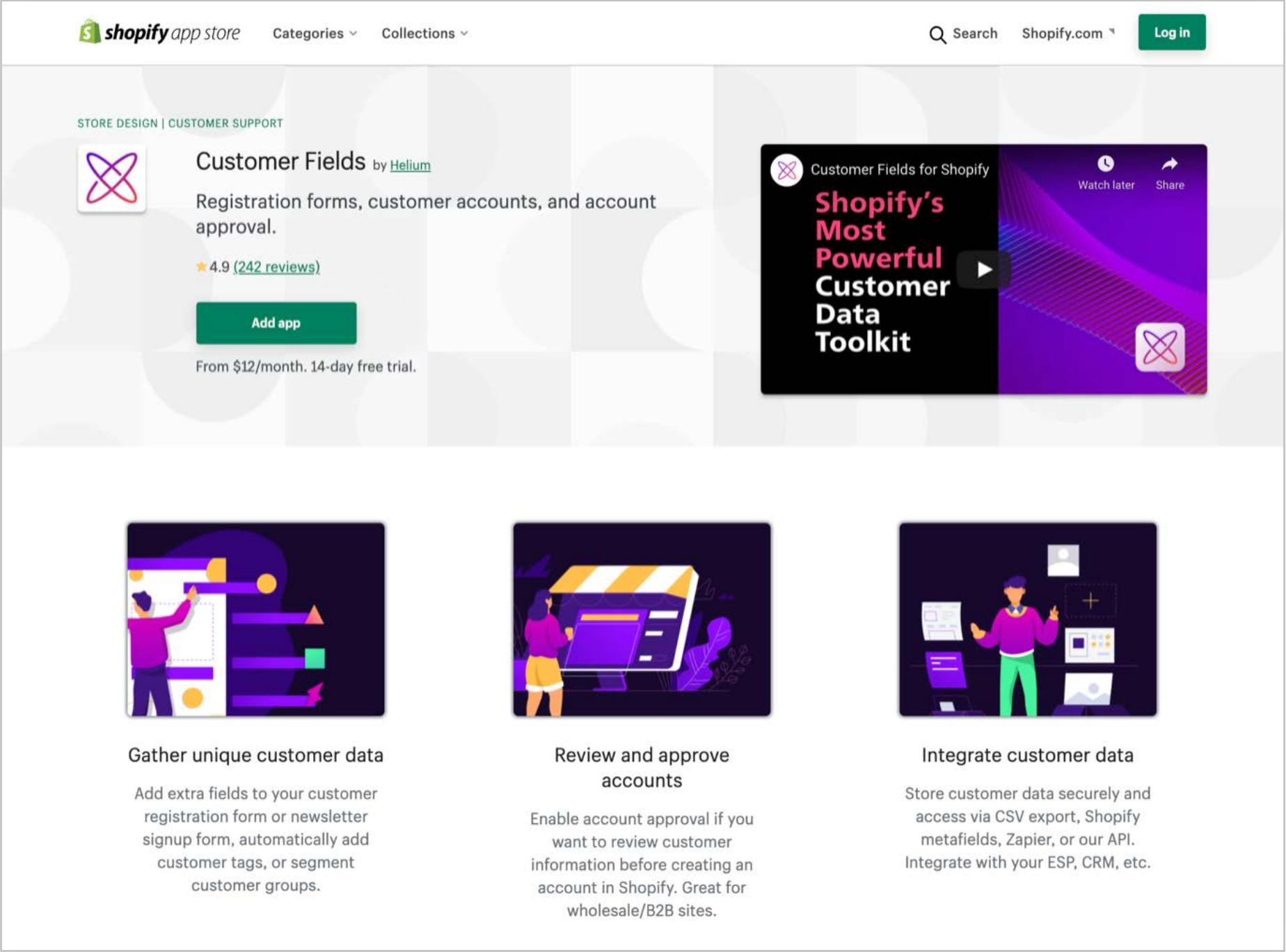 customer fields app store listing on the shopify app store from 2021